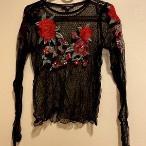 Polka-Dot Mesh & Floral Embroidered Top
